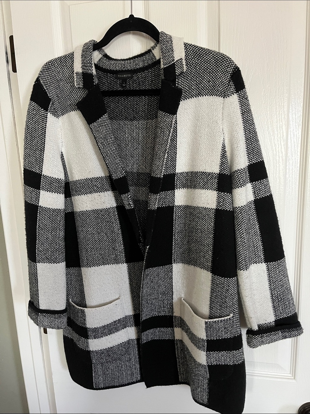Talbots Black and White Plaid Open-Front Coatigan